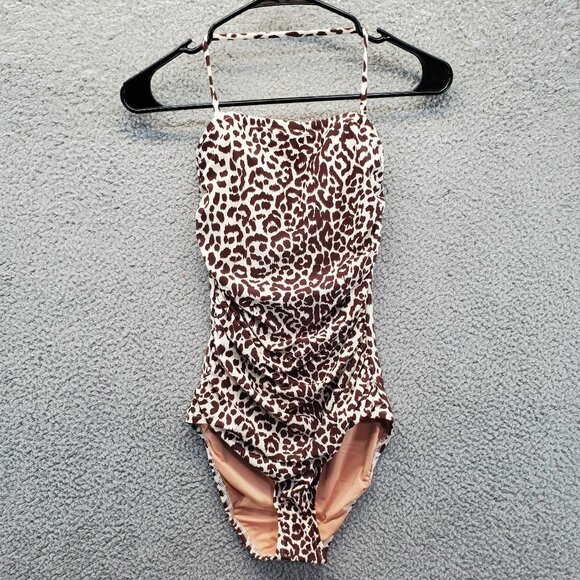 J. Crew Ruched Bandeau One-Piece Swimsuit Leopard Print Size 0 New - Picture 2 of 11